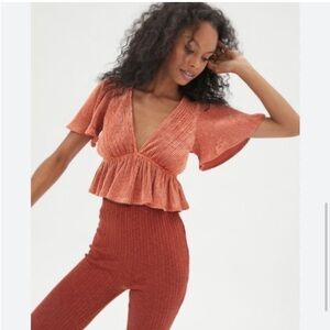 Urban Outfitters Velvet Ribbed Peplum Deep V Neck Cropped Shirt